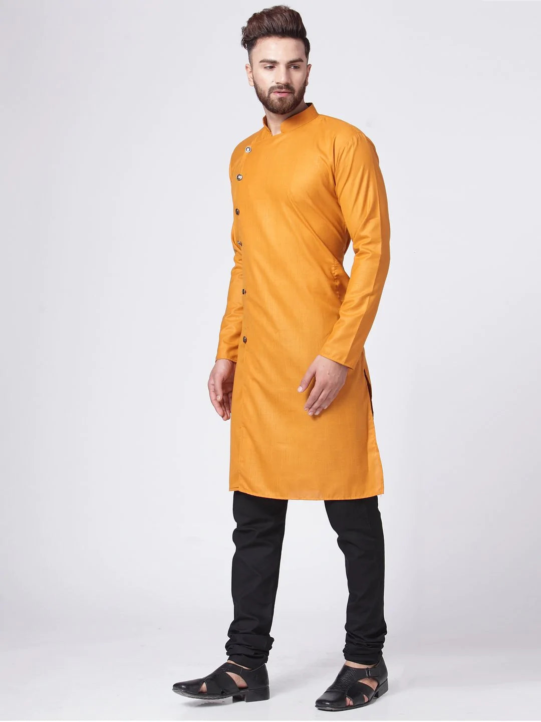Men Yellow Solid Kurta with Churidar ( JOKP 576 Yellow )