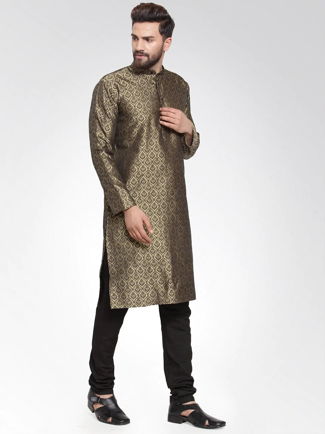 Men Gold-Colored & Black Self Design Kurta Only ( KO 584 Golden )