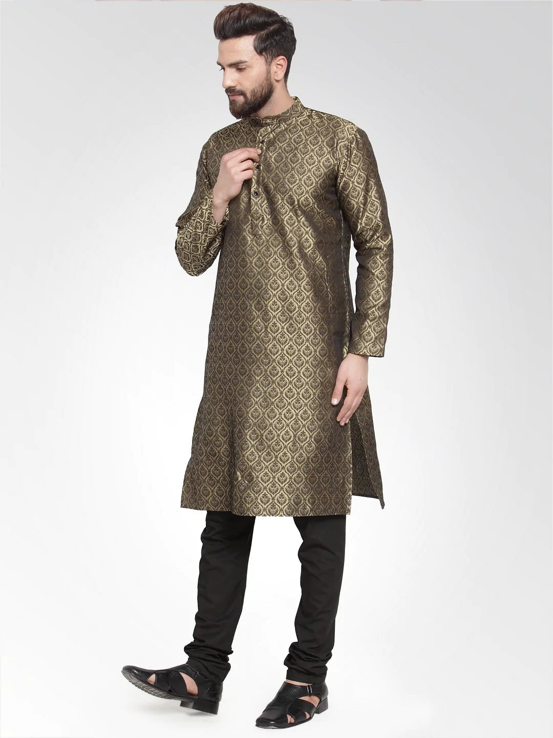 Men Gold-Colored & Black Self Design Kurta Only ( KO 584 Golden )