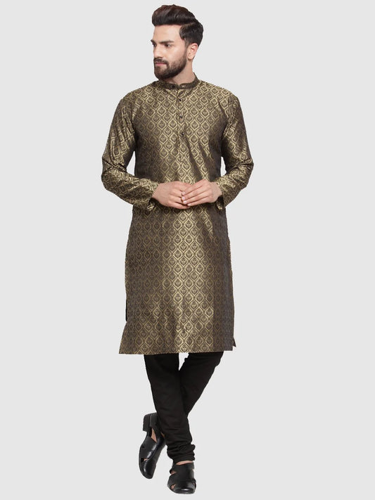 Men Gold-Colored & Black Self Design Kurta with Churidar ( JOKP 584 Golden )