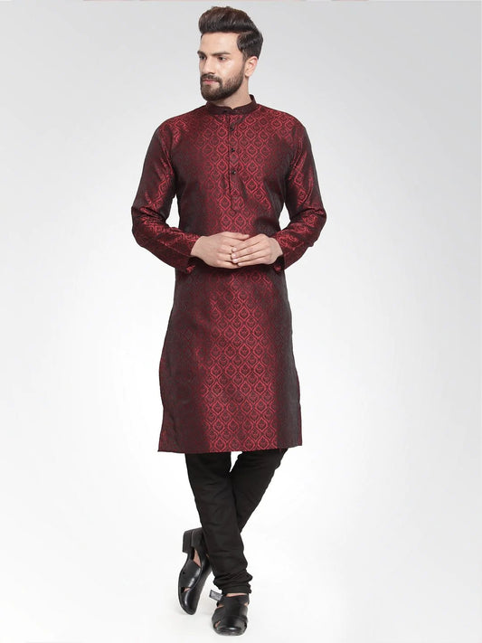Men Maroon-Colored & Black Self Design Kurta with Churidar ( JOKP 584 Maroon )