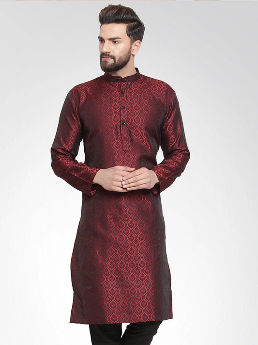 Men Maroon-Colored & Black Self Design Kurta Only ( KO 584 Maroon )