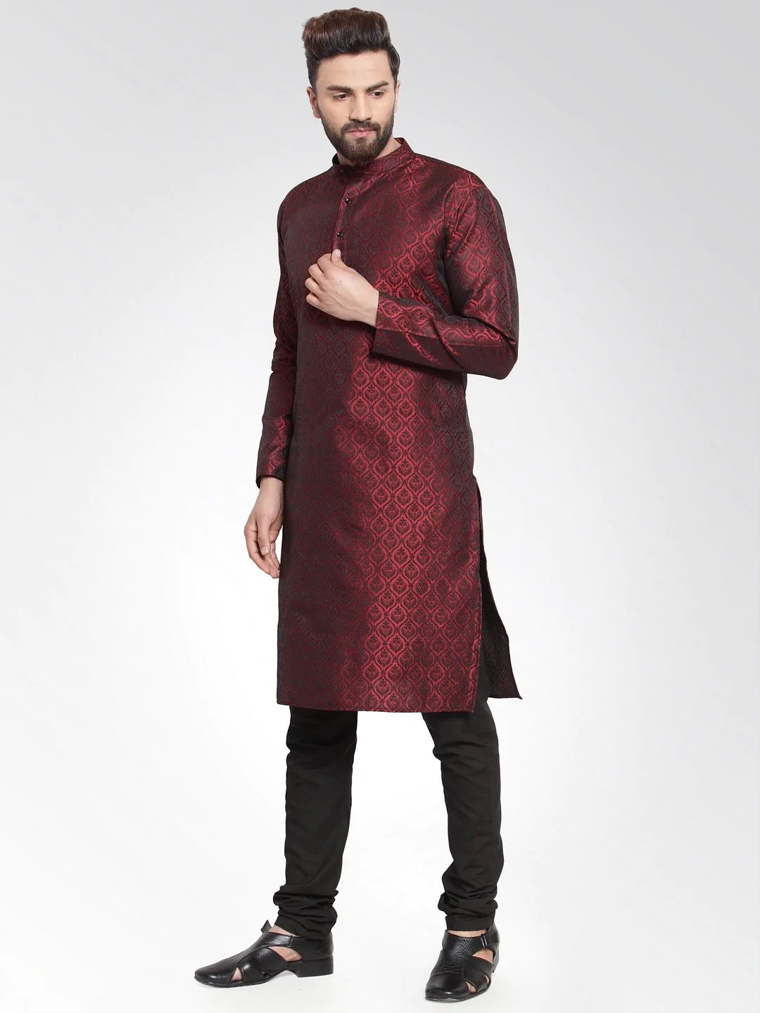 Men Maroon-Colored & Black Self Design Kurta with Churidar ( JOKP 584 Maroon )