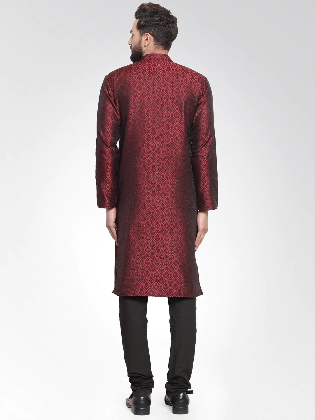 Men Maroon-Colored & Black Self Design Kurta with Churidar ( JOKP 584 Maroon )