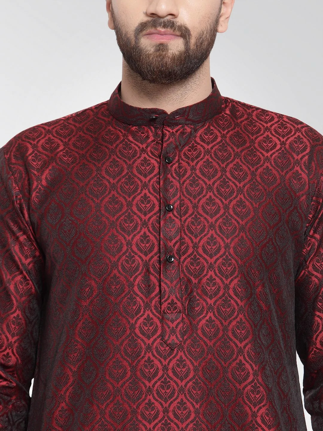Men Maroon-Colored & Black Self Design Kurta with Churidar ( JOKP 584 Maroon )