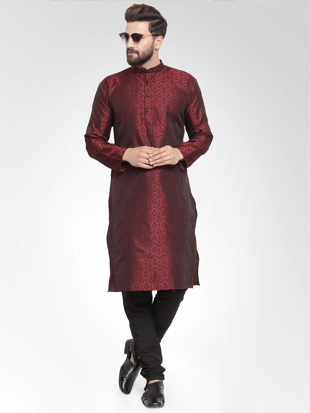 Men Maroon-Colored & Black Self Design Kurta with Churidar ( JOKP 584 Maroon )