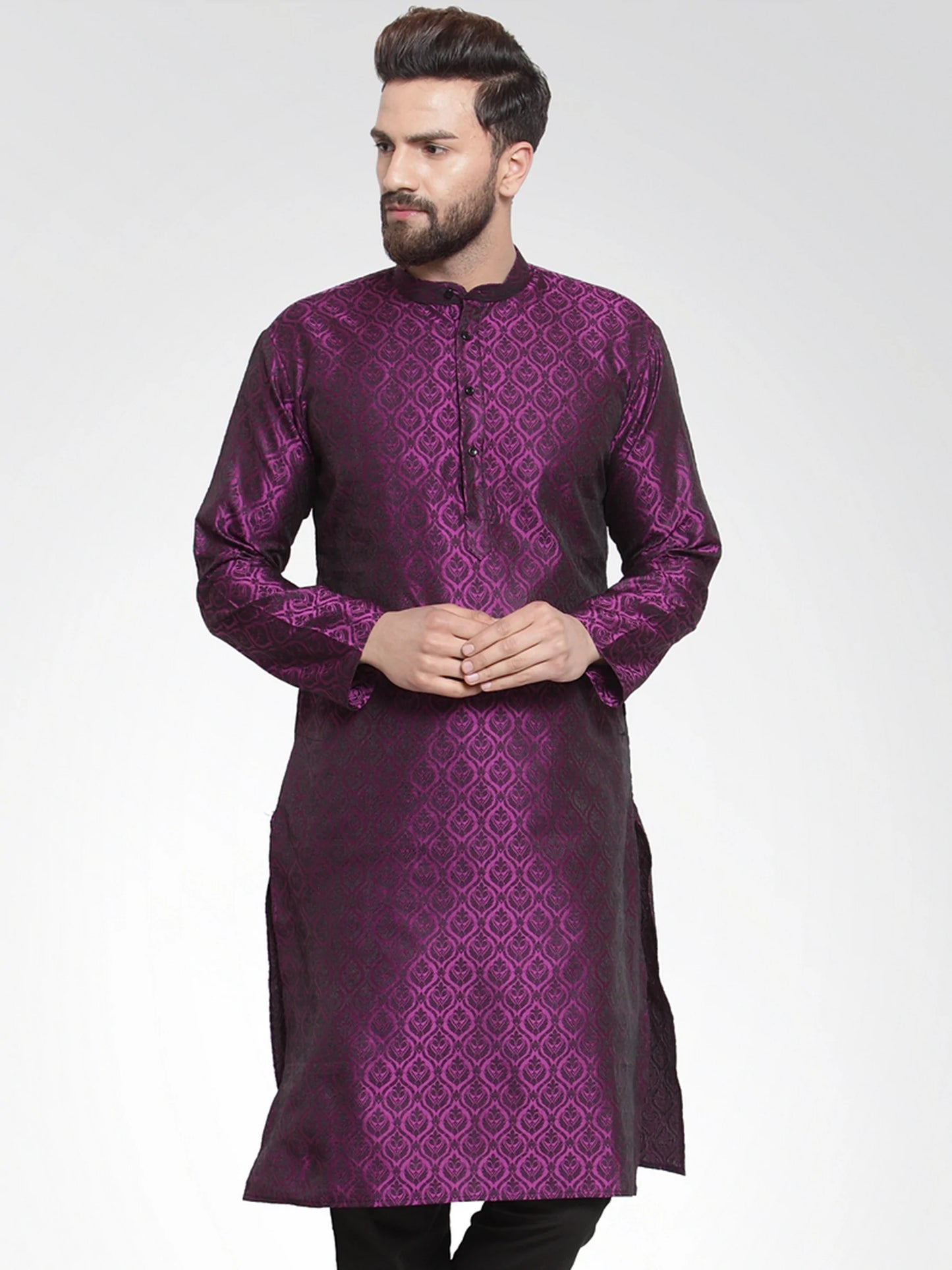 Men Purple-Colored & Black Self Design Kurta Only ( KO 584 Purple )