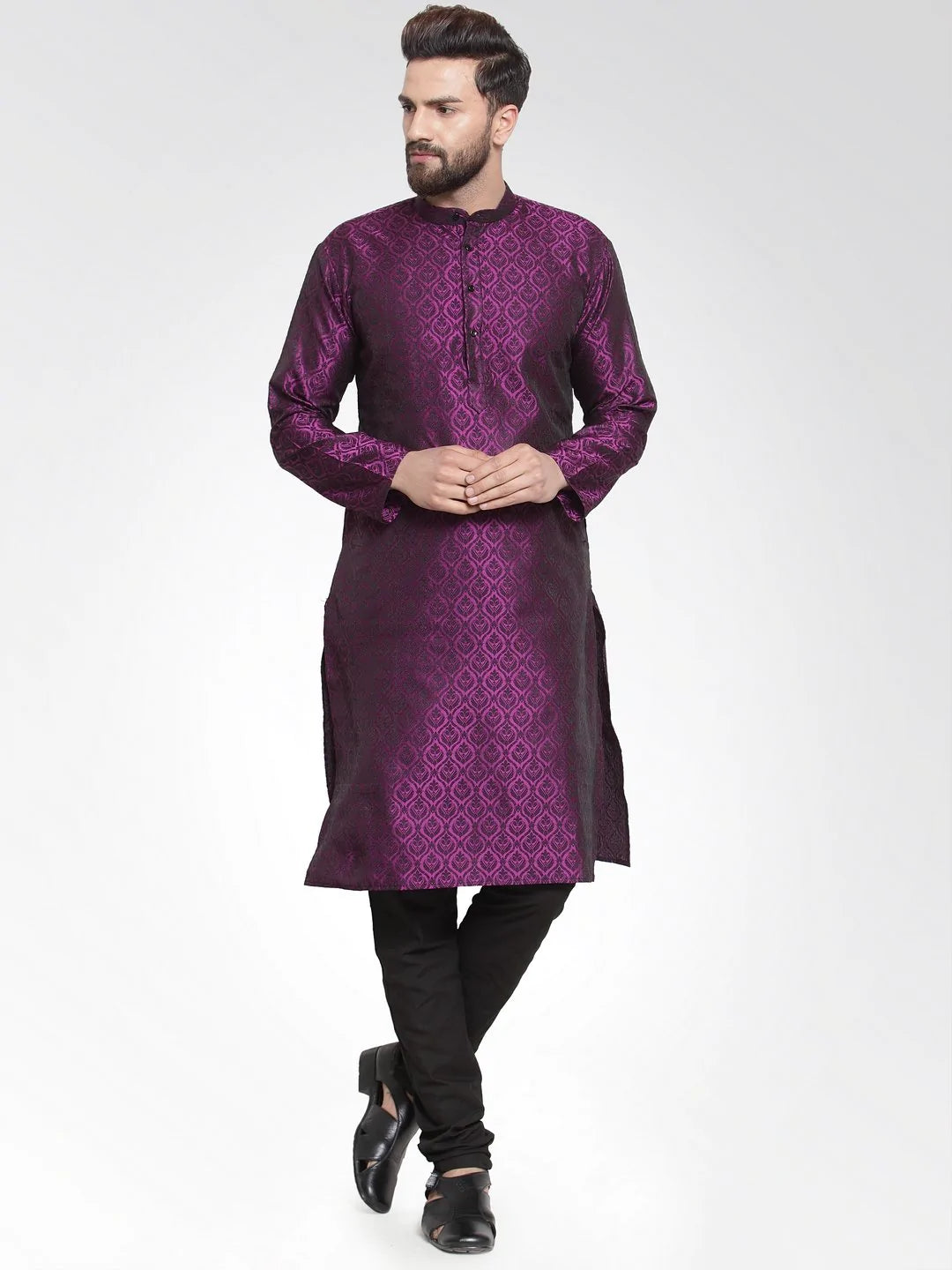 Men Purple-Colored & Black Self Design Kurta Only ( KO 584 Purple )