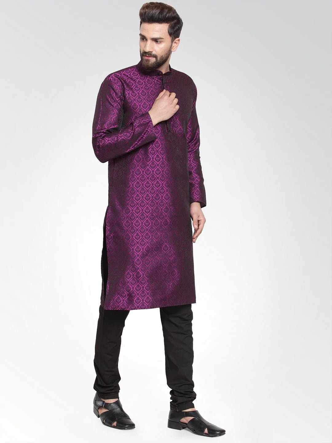 Men Purple-Colored & Black Self Design Kurta Only ( KO 584 Purple )
