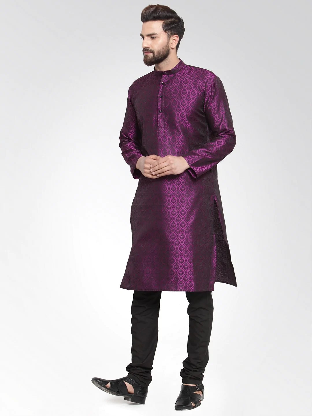 Men Purple-Colored & Black Self Design Kurta Only ( KO 584 Purple )