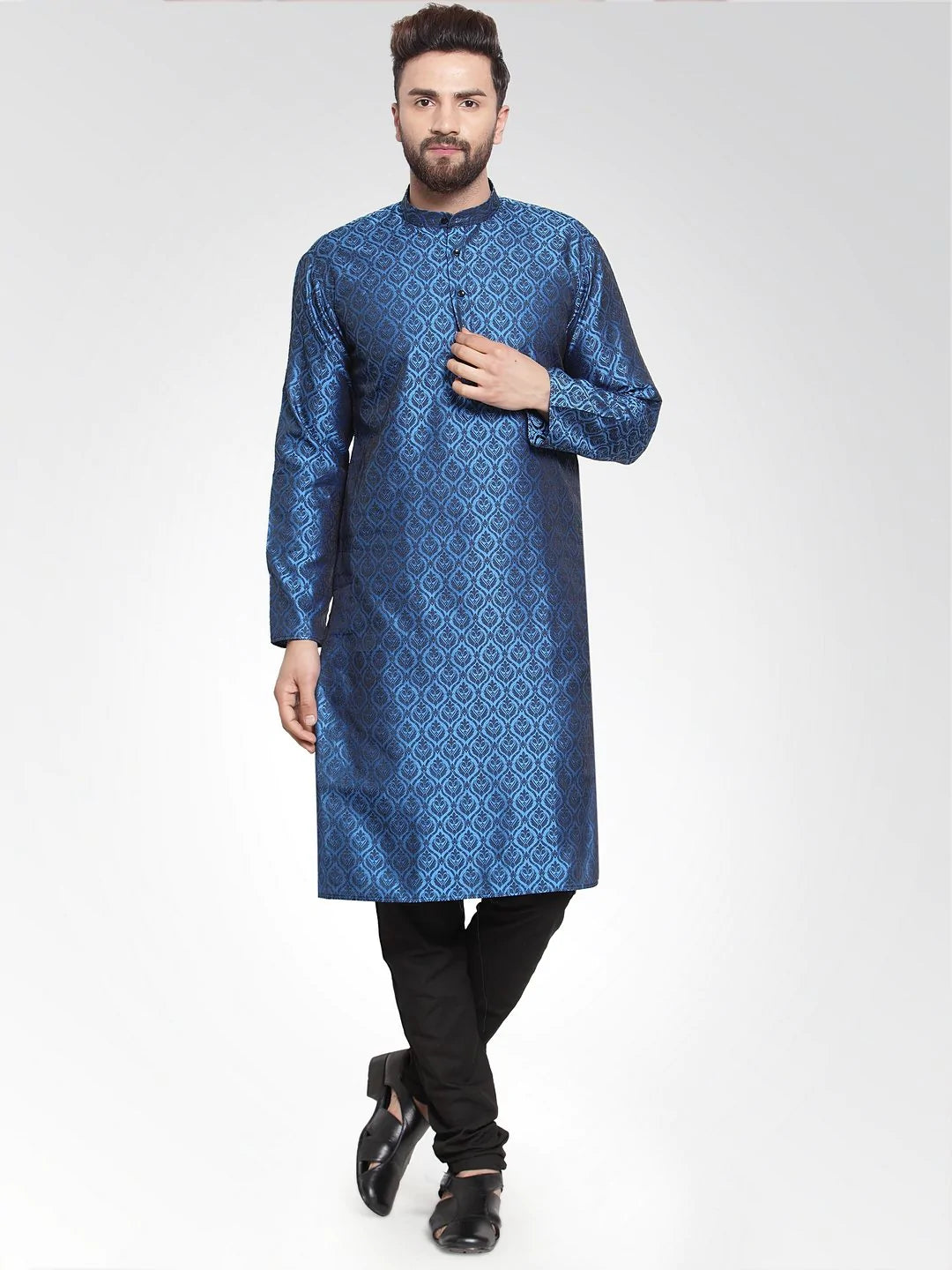 Men Royal-Blue Colored & Black Self Design Kurta Only ( KO 584 Royal Blue )