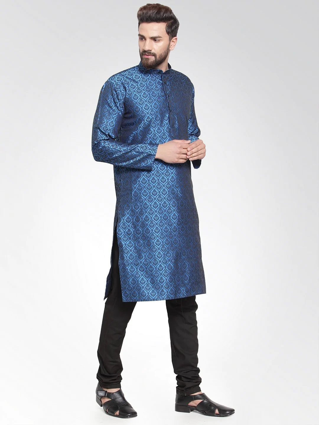 Men Royal-Blue Colored & Black Self Design Kurta Only ( KO 584 Royal Blue )