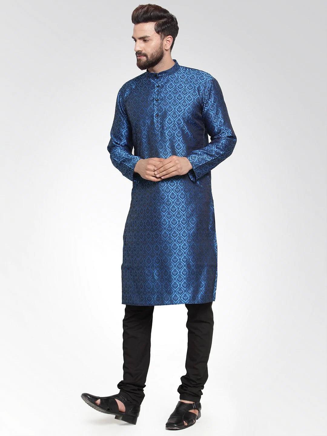 Men Royal-Blue Colored & Black Self Design Kurta Only ( KO 584 Royal Blue )