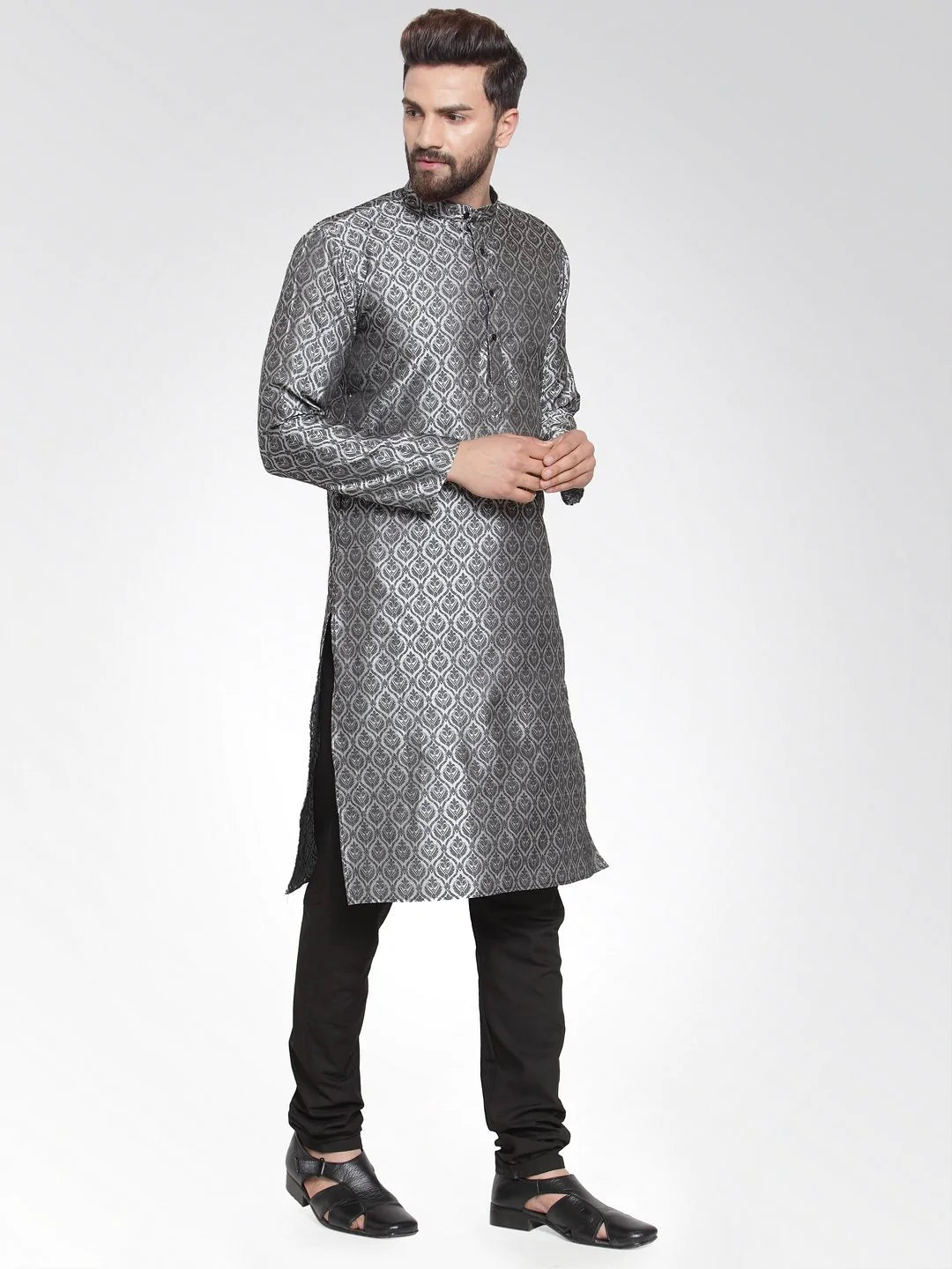 Men Silver-Colored & Black Self Design Kurta Only ( KO 584 Silver )