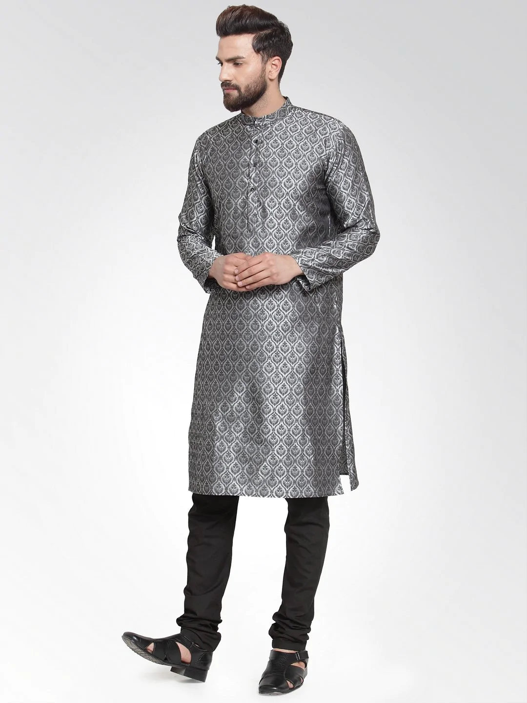 Men Silver-Colored & Black Self Design Kurta Only ( KO 584 Silver )