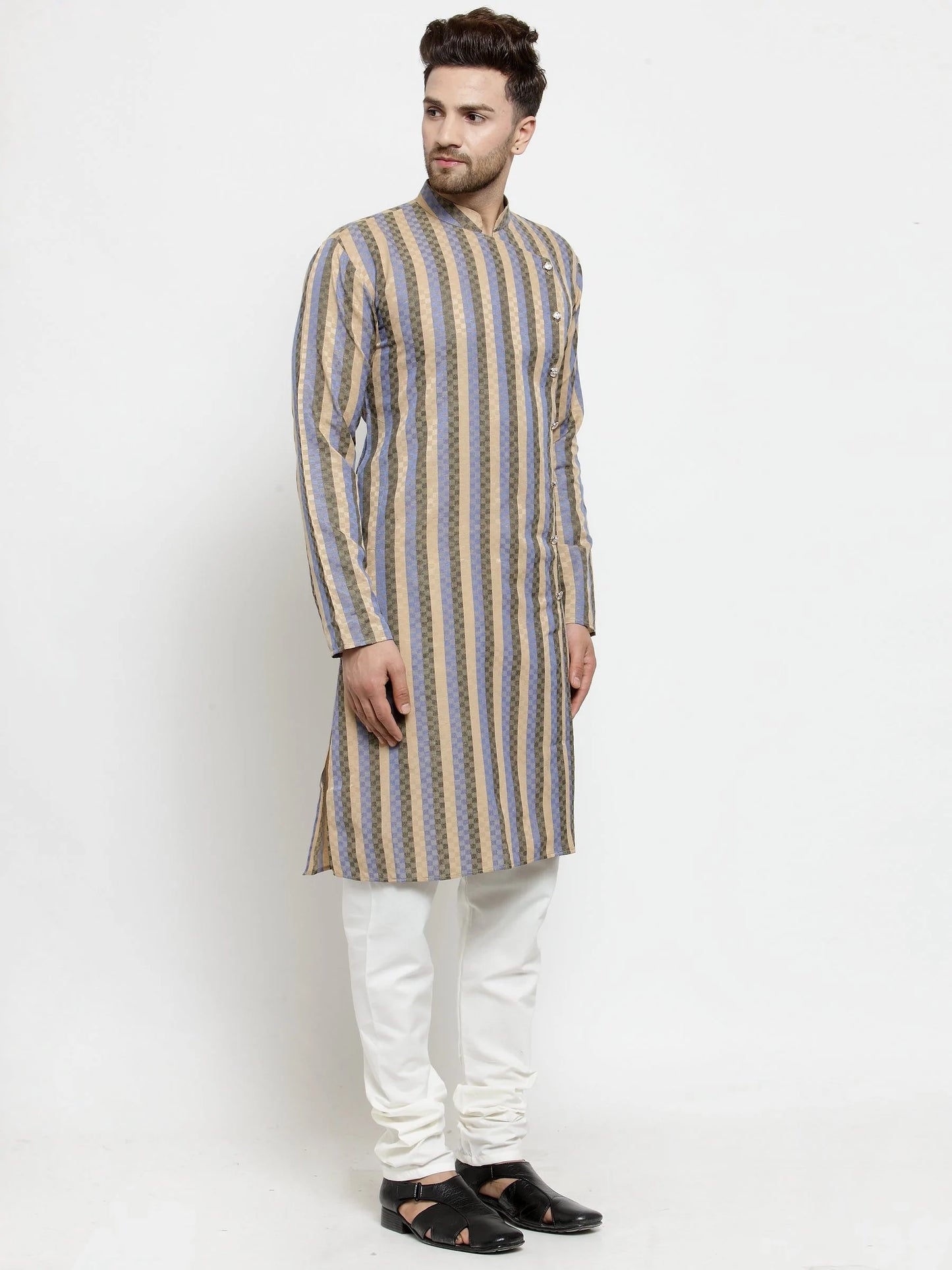 Men Blue and black Self Design Stripped Kurta Only ( KO 585 Blue )
