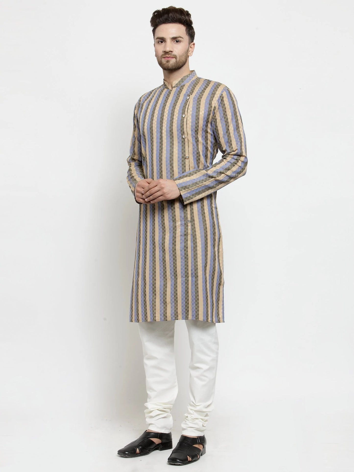 Men Blue and black Self Design Stripped Kurta Only ( KO 585 Blue )