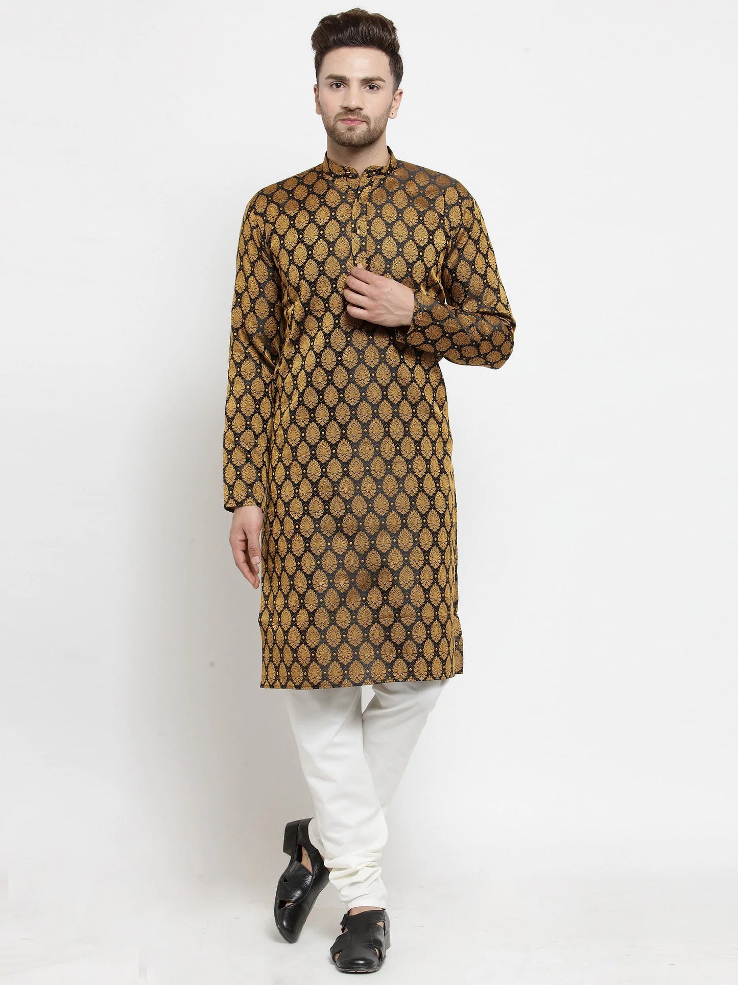 Men Black-Colored & Golden Self Design Kurta with Churidar ( JOKP 586 Black )
