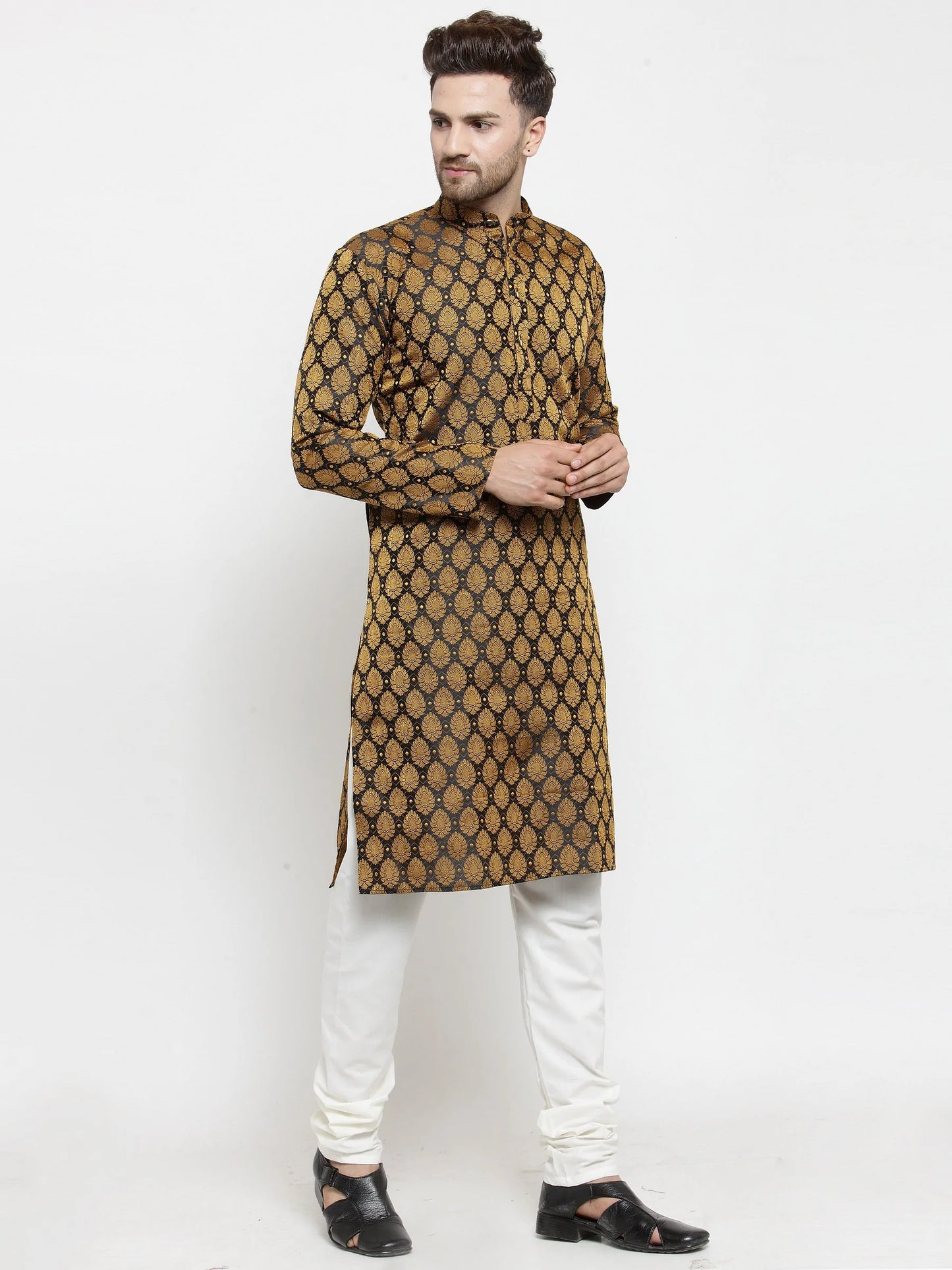 Men Black-Colored & Golden Self Design Kurta with Churidar ( JOKP 586 Black )