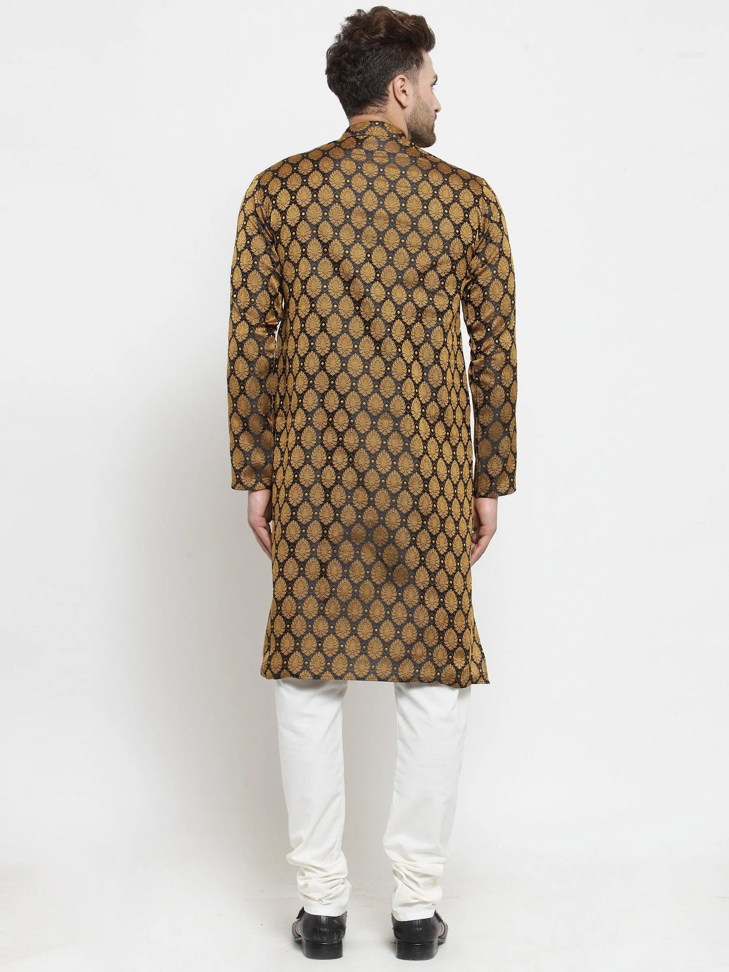 Men Black-Colored & Golden Self Design Kurta with Churidar ( JOKP 586 Black )