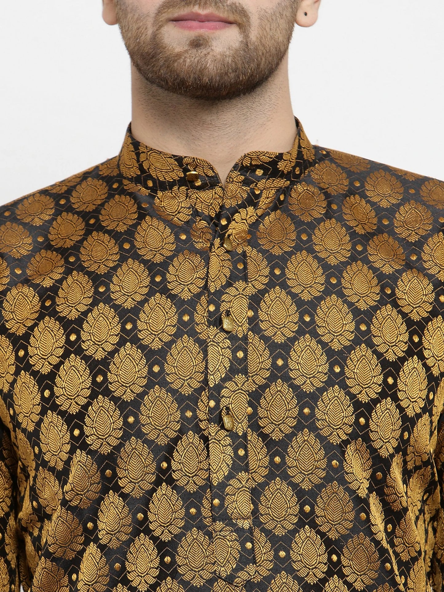 Men Black-Colored & Golden Self Design Kurta with Churidar ( JOKP 586 Black )