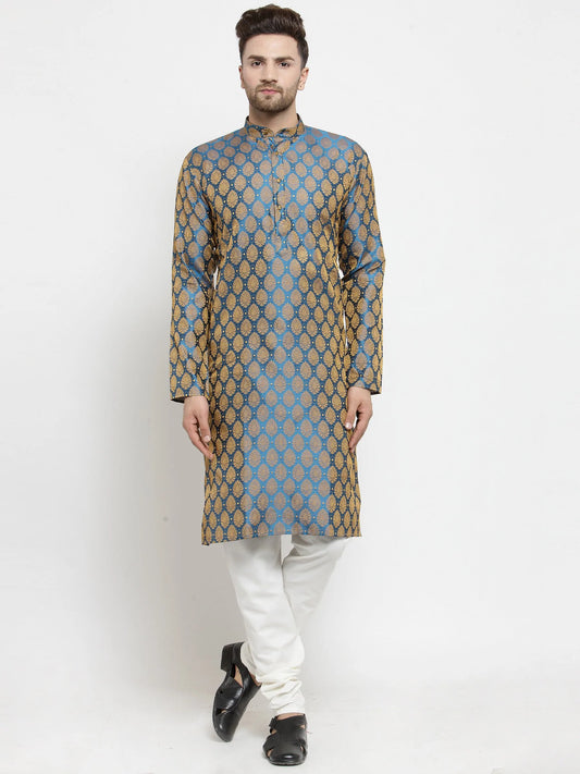 Men Blue-Colored & Golden Self Design Kurta with Churidar ( JOKP 586 Blue )