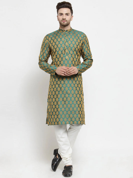 Men Green-Colored & Golden Self Design Kurta with Churidar ( JOKP 586 Green )