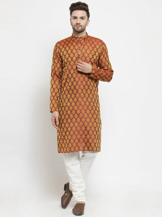 Men Maroon-Colored & Golden Self Design Kurta with Churidar ( JOKP 586 Maroon )