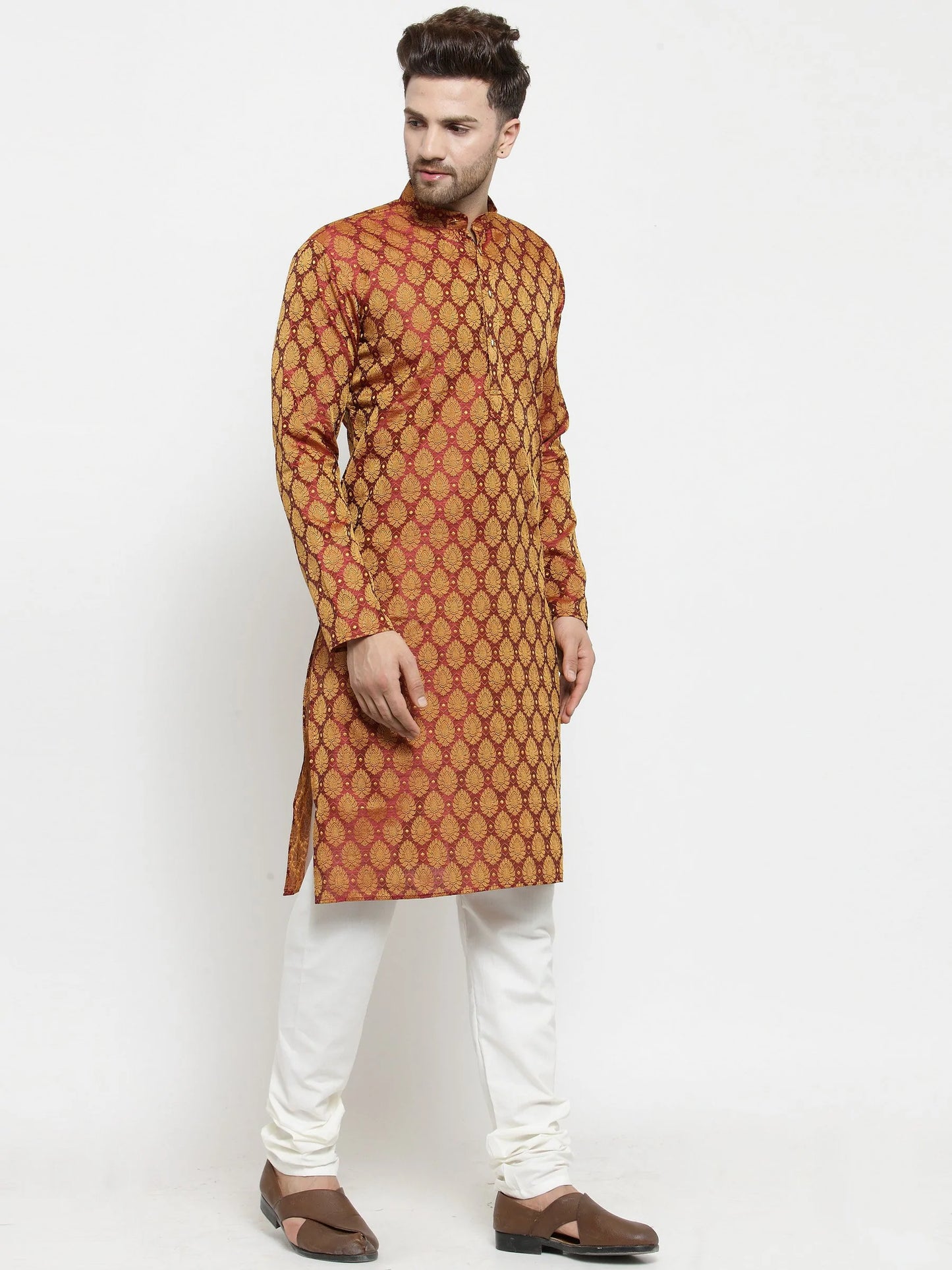 Men Maroon-Colored & Golden Self Design Kurta with Churidar ( JOKP 586 Maroon )