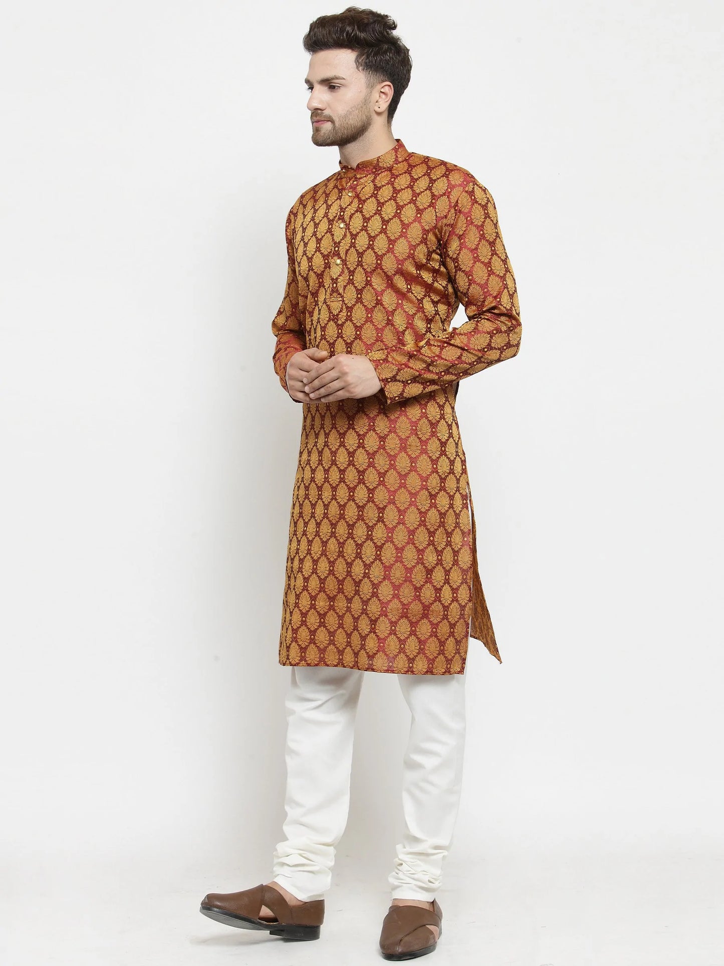Men Maroon-Colored & Golden Self Design Kurta with Churidar ( JOKP 586 Maroon )