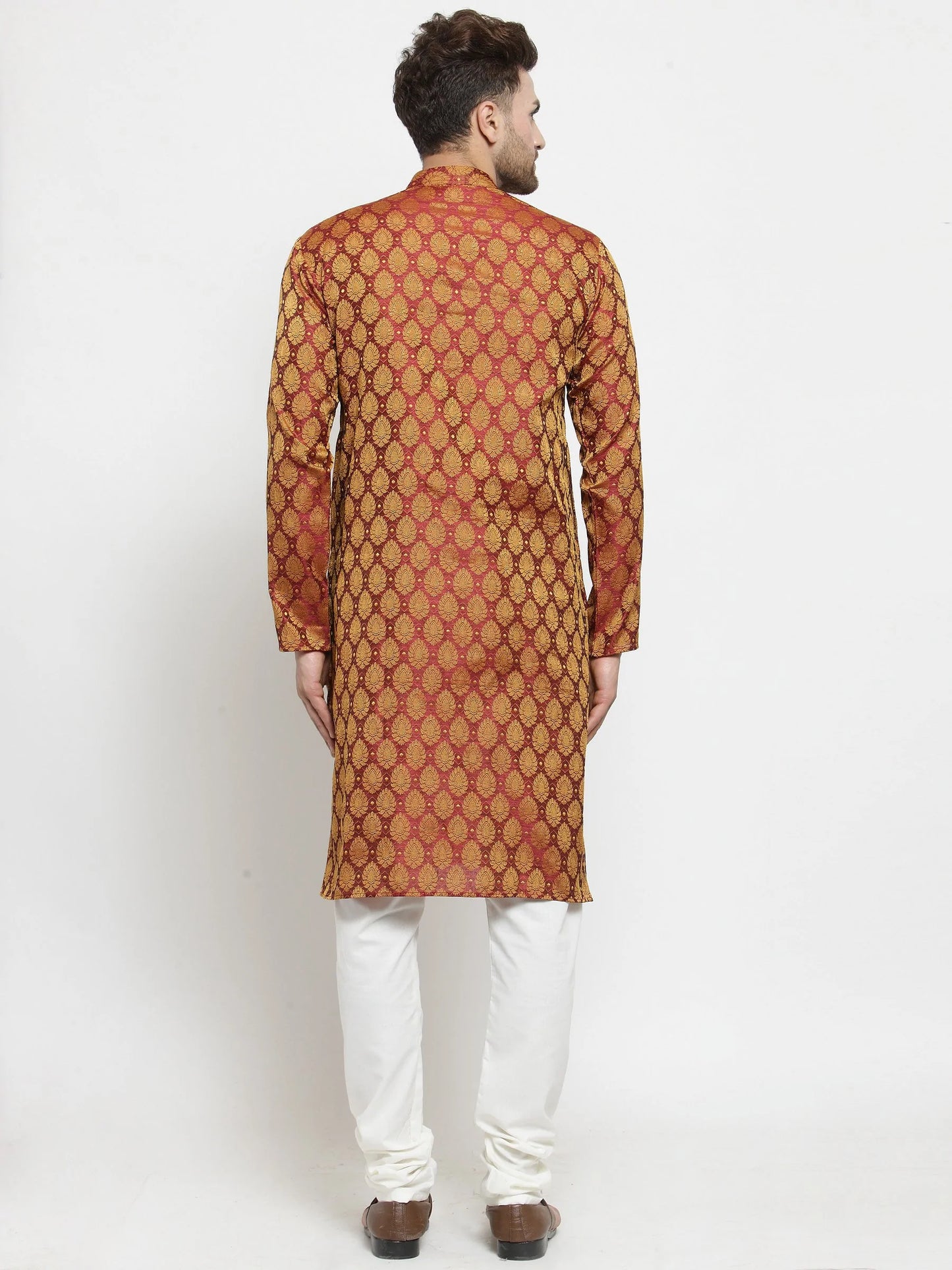 Men Maroon-Colored & Golden Self Design Kurta with Churidar ( JOKP 586 Maroon )