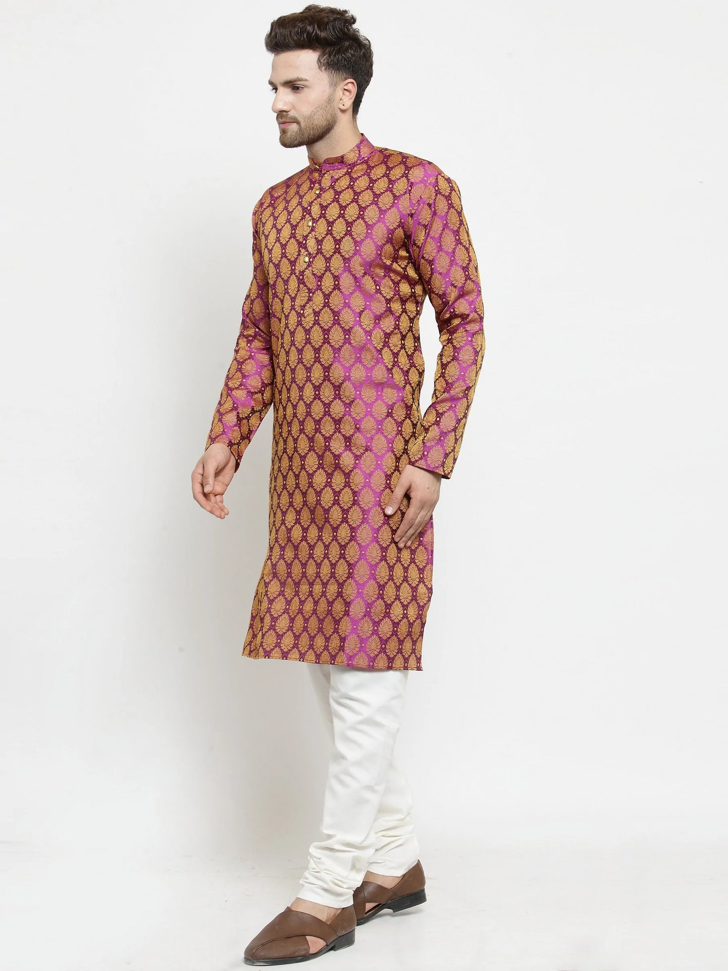 Men Pink-Colored & Golden Self Design Kurta with Churidar ( JOKP 586 Pink )