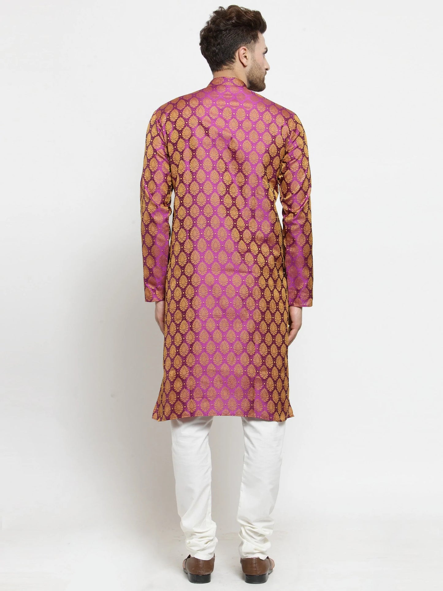 Men Pink-Colored & Golden Self Design Kurta with Churidar ( JOKP 586 Pink )