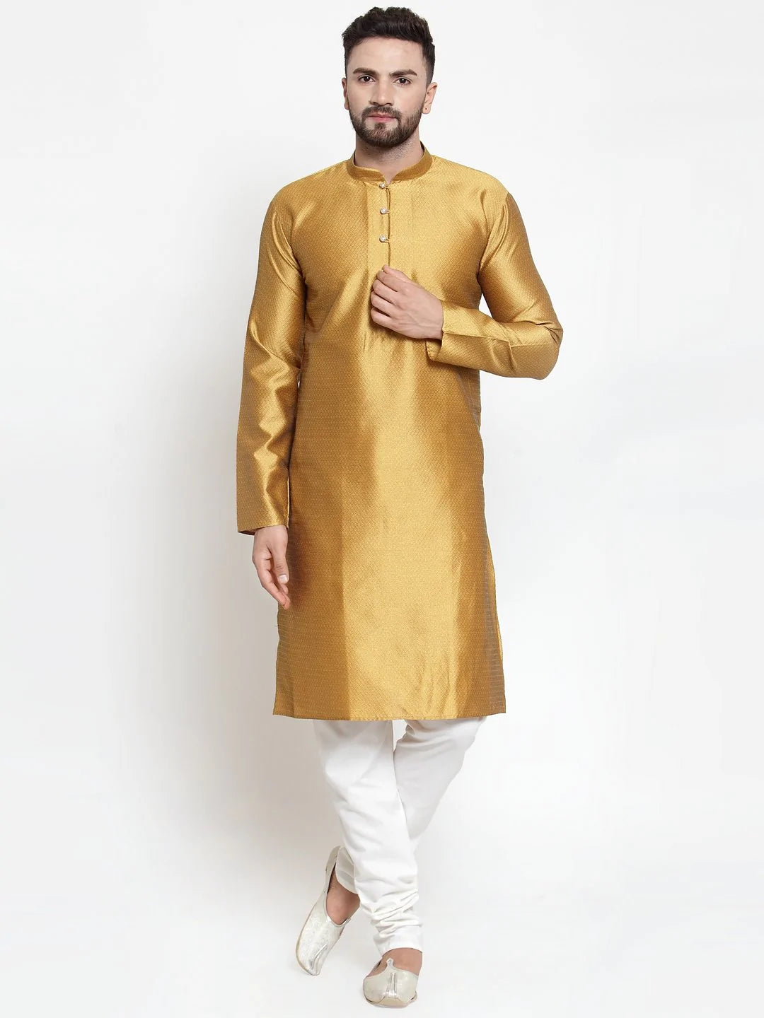 Jompers Men Mustard & White Self Design Kurta with Churidar ( JOKP 589 Mustard )