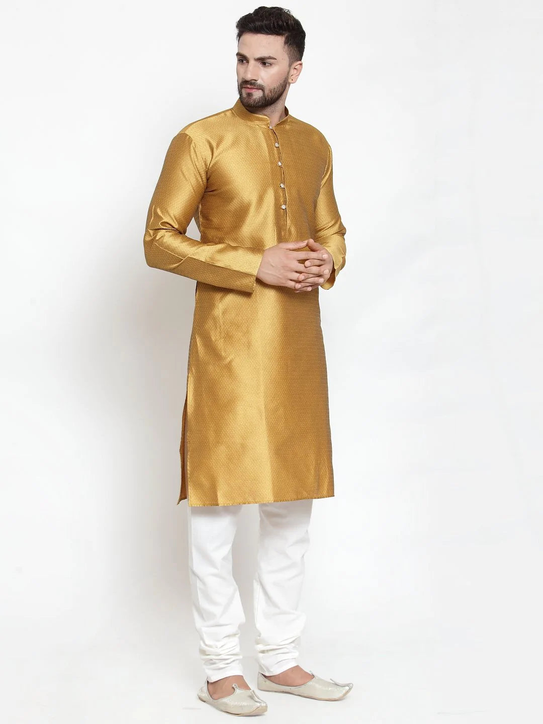 Jompers Men Mustard & White Self Design Kurta with Churidar ( JOKP 589 Mustard )