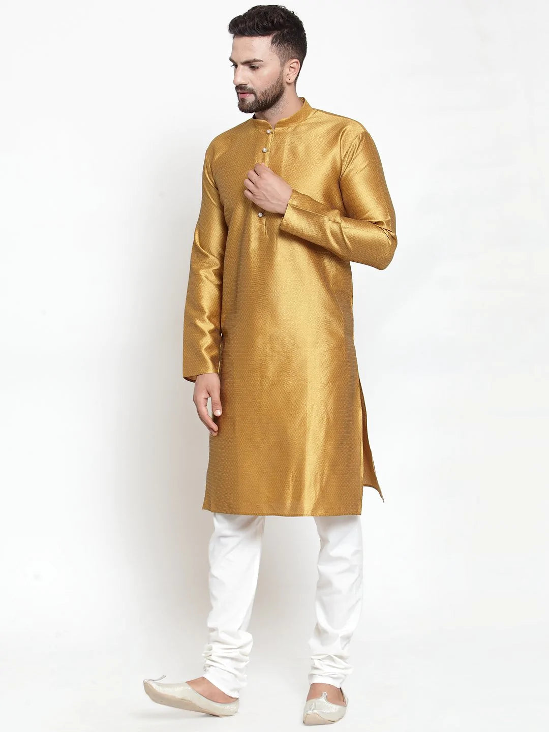 Jompers Men Mustard & White Self Design Kurta with Churidar ( JOKP 589 Mustard )
