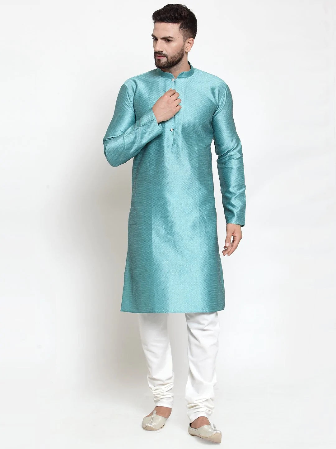 Jompers Men Light-Blue & White Self Design Kurta with Churidar ( JOKP 589 Sky )