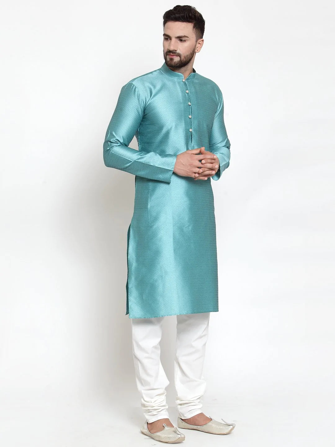 Jompers Men Light-Blue & White Self Design Kurta Only ( KO 589 Sky )