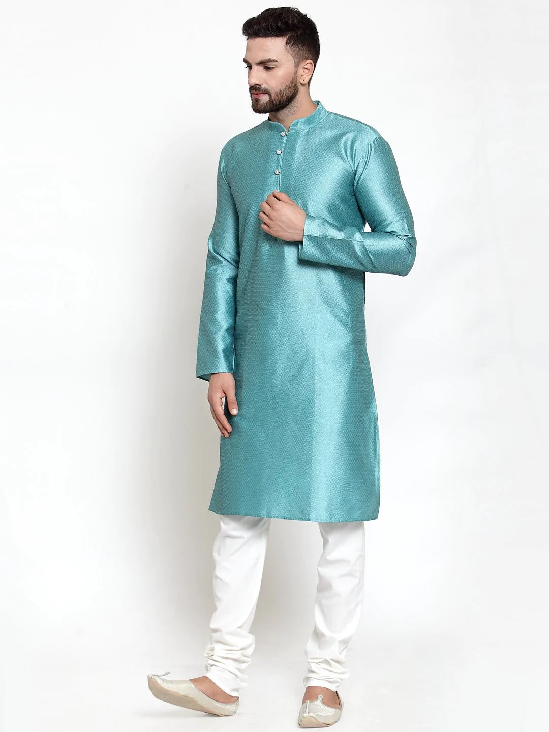 Jompers Men Light-Blue & White Self Design Kurta Only ( KO 589 Sky )
