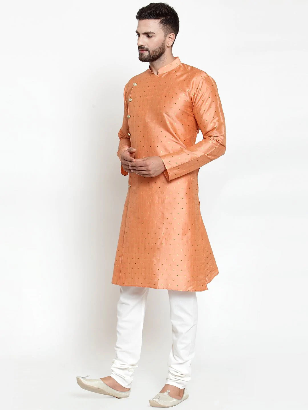 Jompers Men Peach & Golden Self Design Kurta with Churidar ( JOKP 590 Peach )