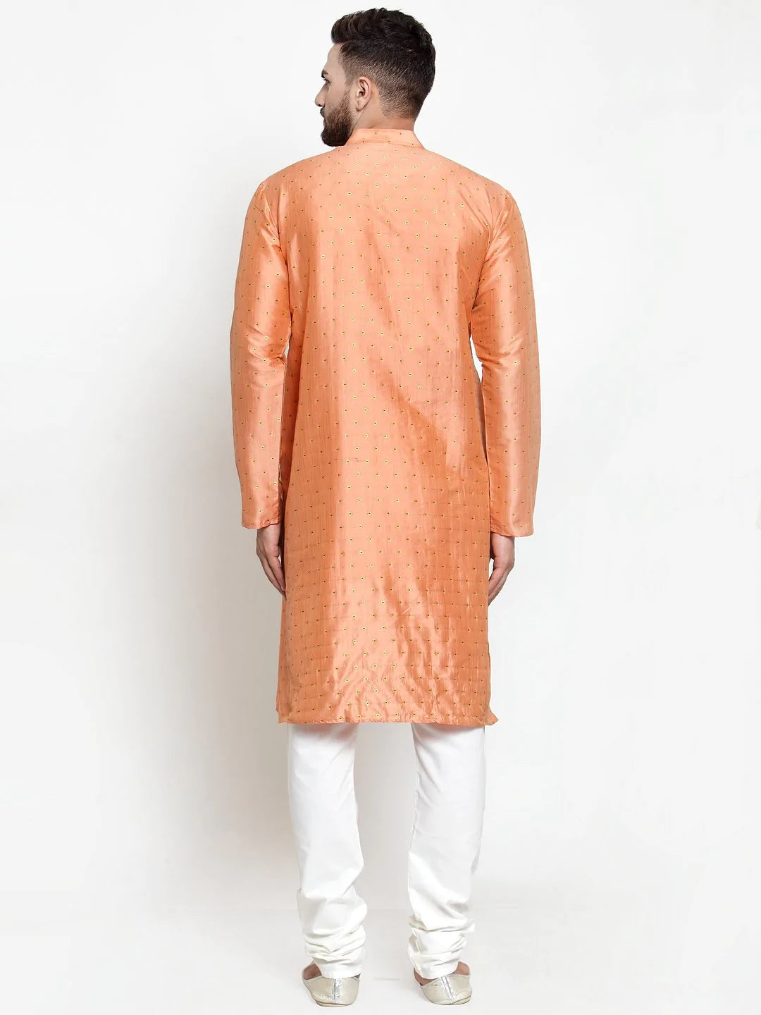 Jompers Men Peach & Golden Self Design Kurta with Churidar ( JOKP 590 Peach )