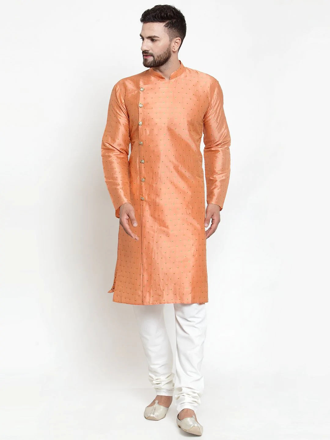 Jompers Men Peach & Golden Self Design Kurta with Churidar ( JOKP 590 Peach )