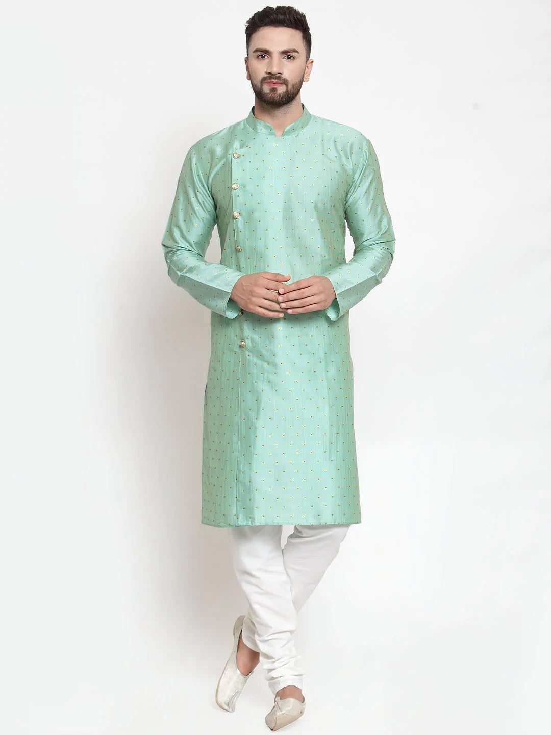 Jompers Men Sky-Blue & Golden Self Design Kurta with Churidar ( JOKP 590 Sky )