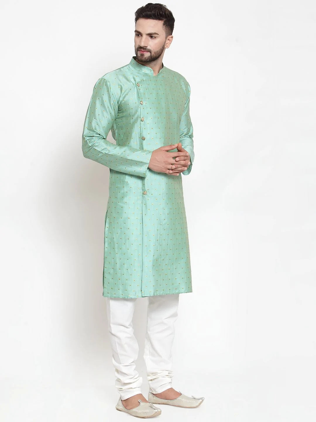 Jompers Men Sky-Blue & Golden Self Design Kurta with Churidar ( JOKP 590 Sky )
