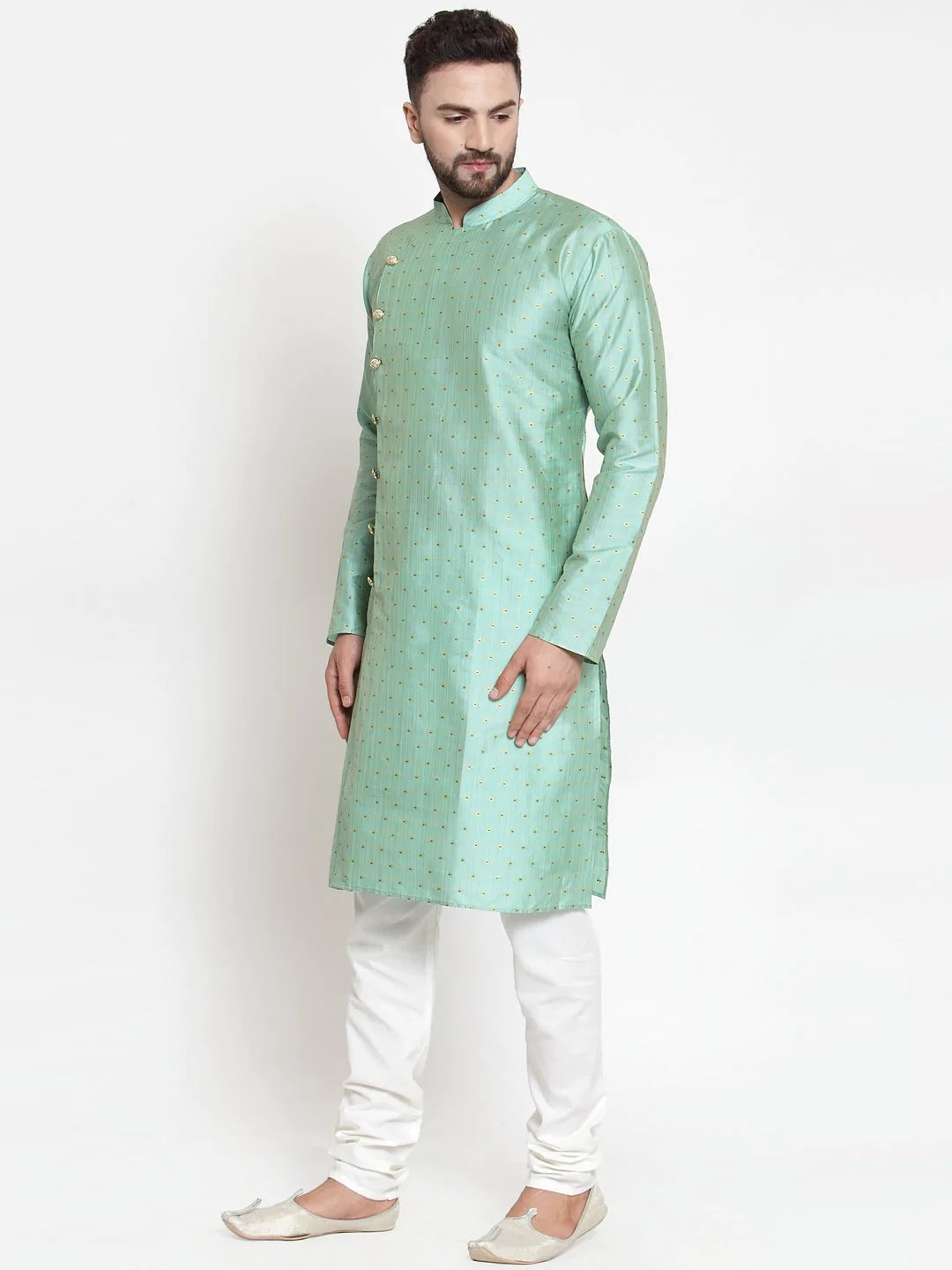 Jompers Men Sky-Blue & Golden Self Design Kurta with Churidar ( JOKP 590 Sky )