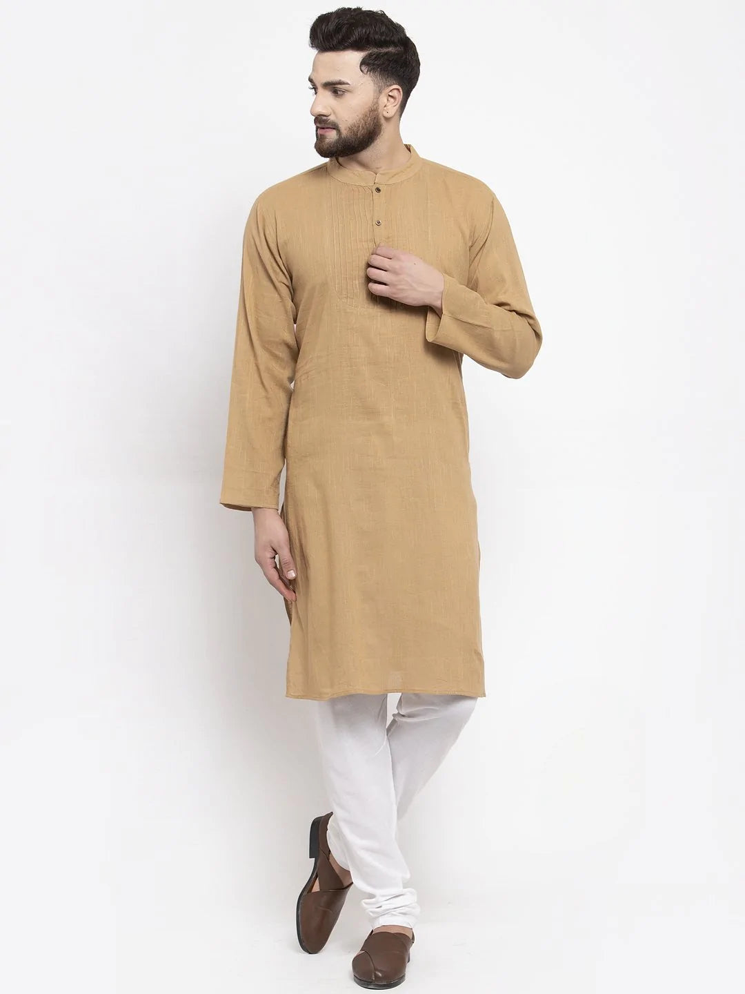 Jompers Men Beige & White Solid Pin-tucks Kurta Only ( KO 594 Beige )