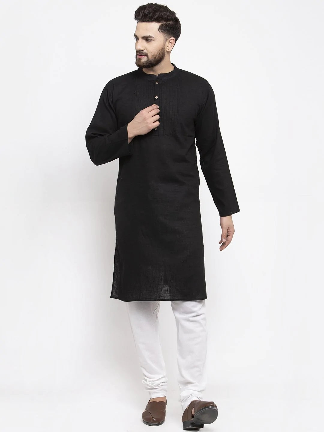 Jompers Men Black & White Solid Pin-tucks Kurta with Churidar ( JOKP 594 Black )