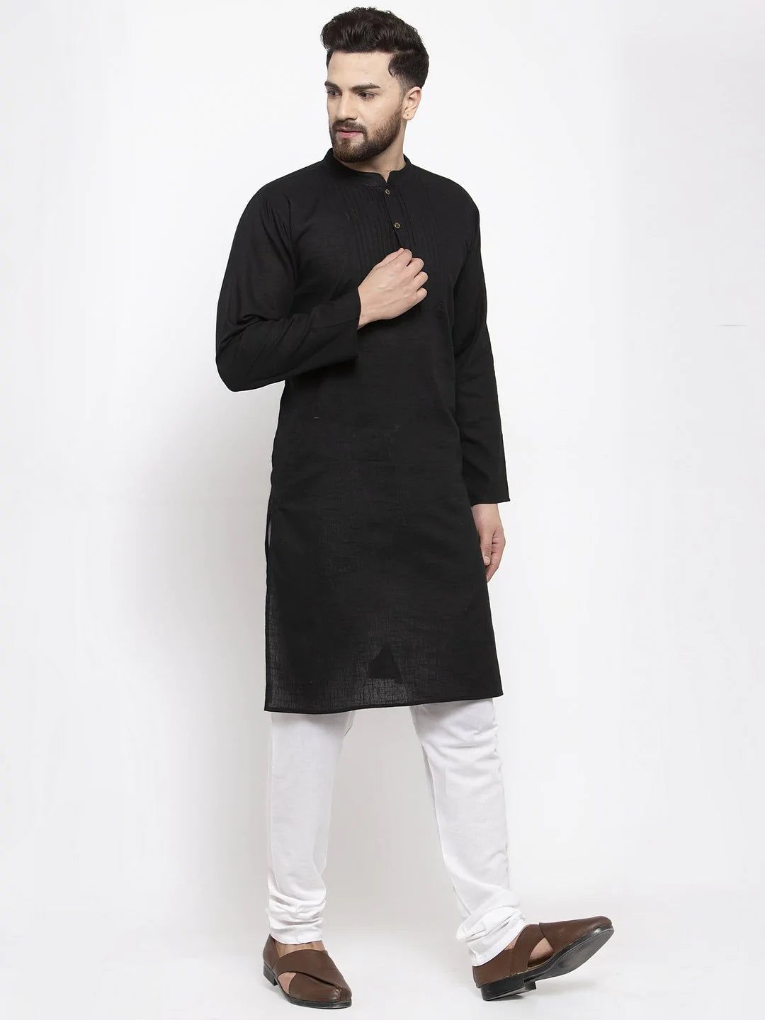 Jompers Men Black & White Solid Pin-tucks Kurta with Churidar ( JOKP 594 Black )