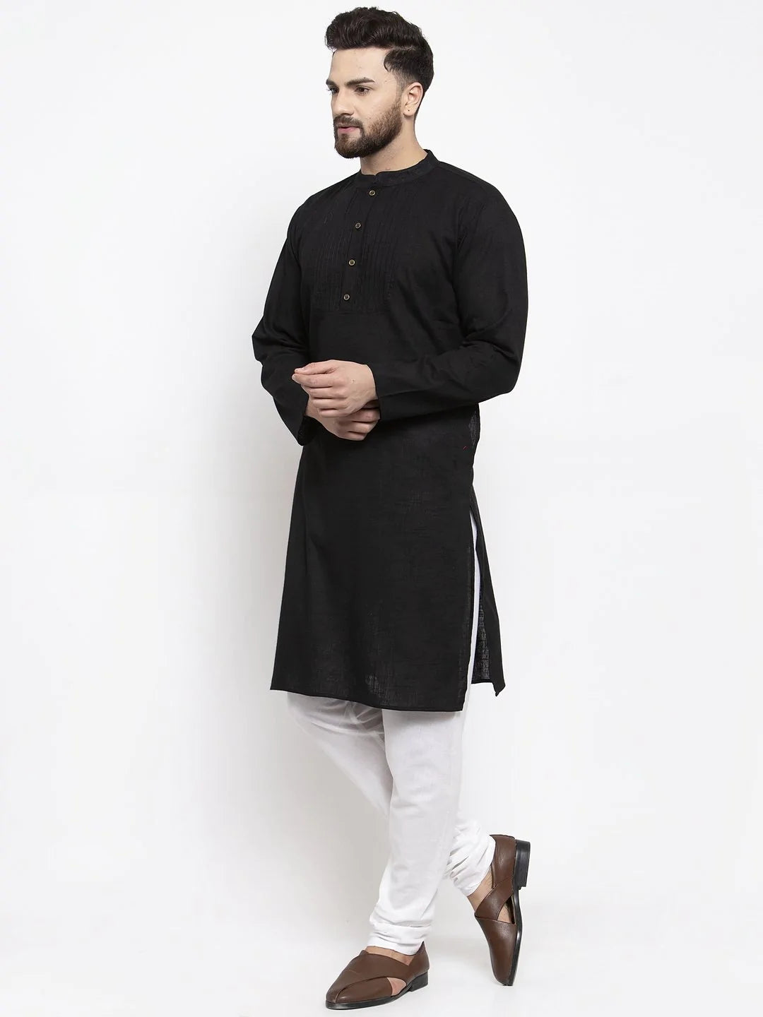Jompers Men Black & White Solid Pin-tucks Kurta with Churidar ( JOKP 594 Black )