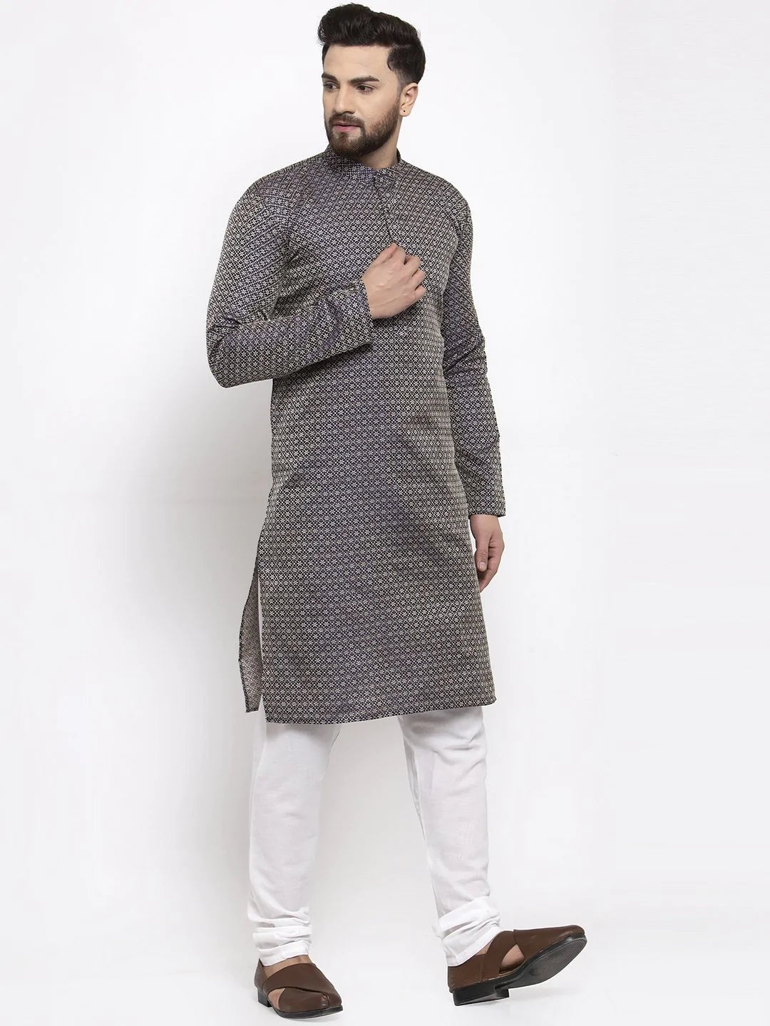 Jompers Men Navy-Blue & White Woven Design Kurta with Churidar ( JOKP 596 Navy )